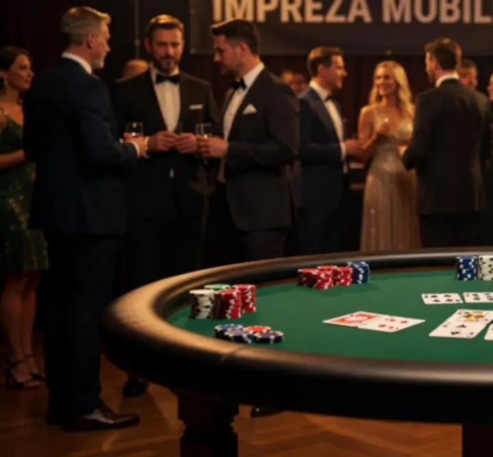 Mobilny stolik pokerowy przygotowany na wieczór kasynowy